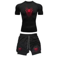 Men's Workout Compression Set Y2K Spider Printed Gym Tshirts Breathable Running Shorts Quick Dry Sports Rash Guard Sportwear