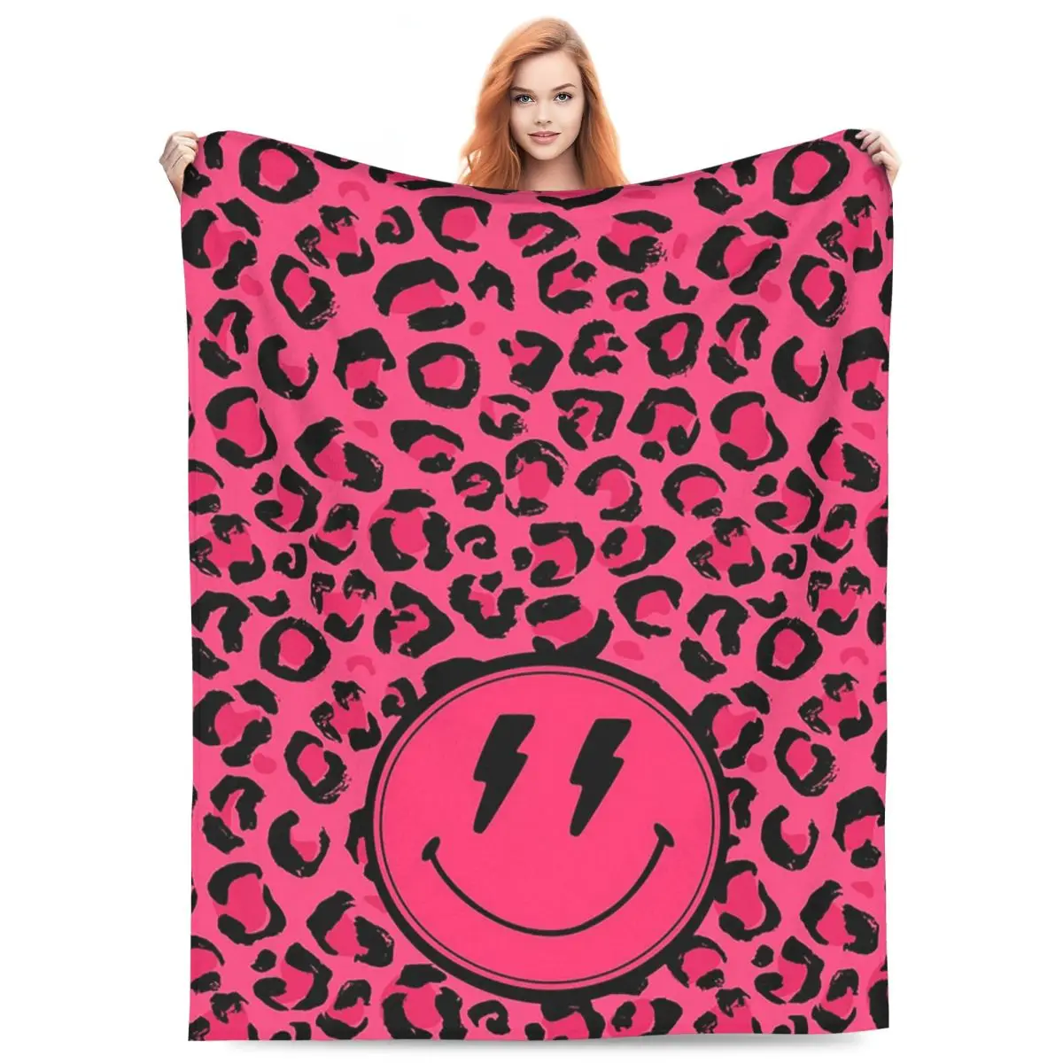Preppy Aesthetic Pink Leopard Print Smile Blanket Fleece Sofa Throw Blanket Super Soft for Home Outdoor Throws Bedspread Quilt