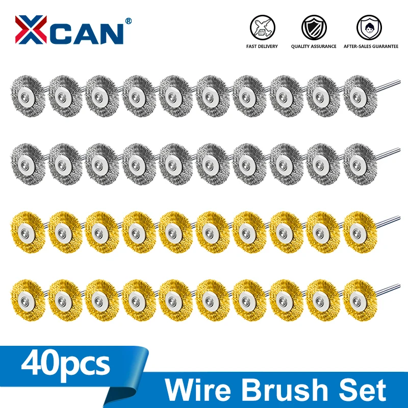 XCAN 40pcs Steel Wire Wheel Brush Set Brass Brushes 3mm Shank for Dremel Rotary Tools Accessories Rust Removal Brush Set