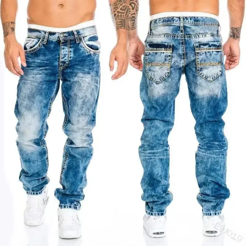 Distressed Straight Pants Men Jeans Denim Pockets Punk Style Ankle Length Mid Waist Wash Slim Fit Zipper Fly Skinny Vintage