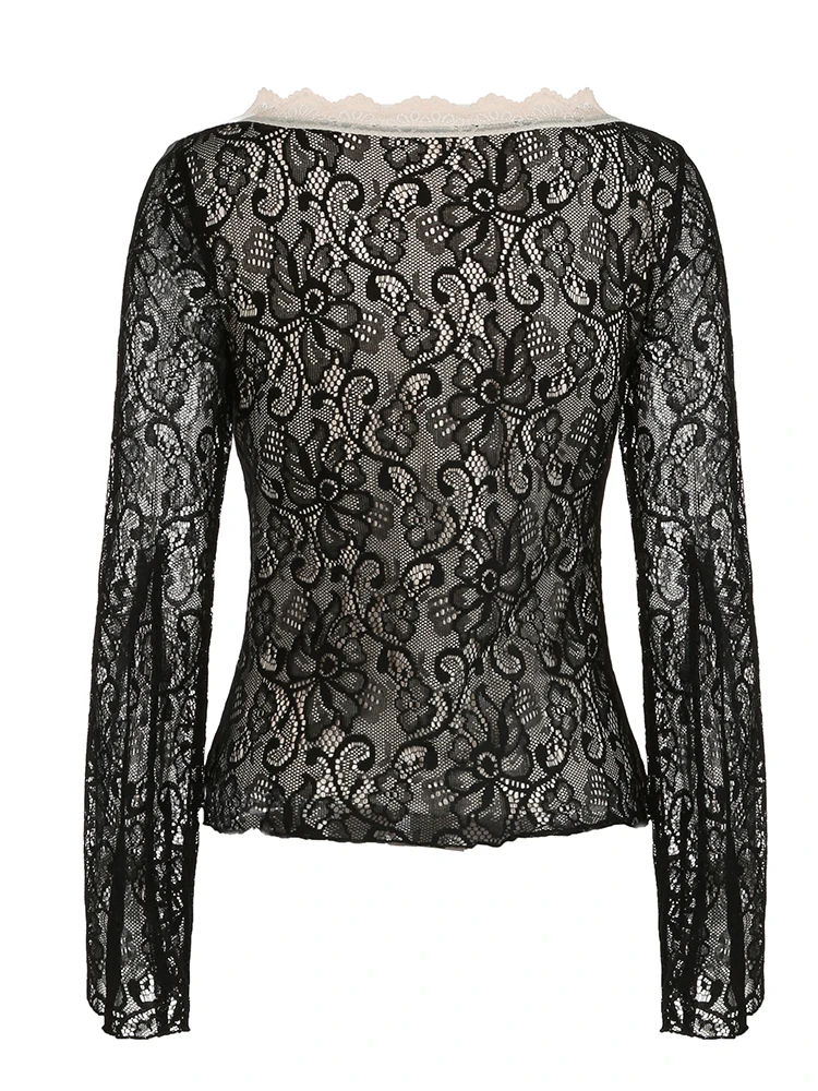 Rockmore Floral Lace Tie Front Flounce Sleeve Women's Top Y2K Aesthetics Deep V Neck Long Sleeve T-Shirt Spring Fall Clothes image 6
