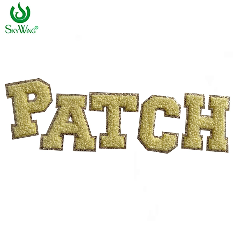 Chenille Embroidered Alphabet for DIY Towel, Gold Glitter Letter, Yellow Color, Self-adhesive Patches, Wholesale