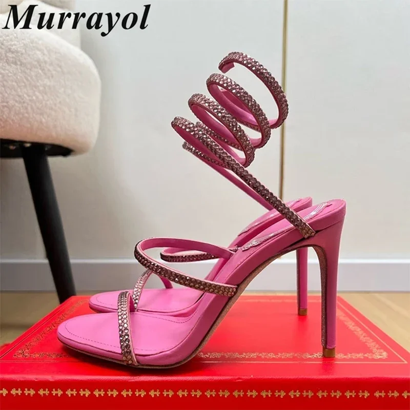 

Women Open Toe Crystal Sandalias Snake Shaped Cross Shining Rhinestone Thin High-Heeled Sandals Summer Sexy Party Dress Shoes