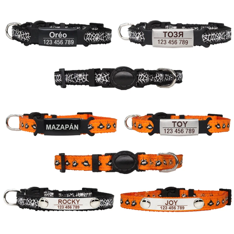 Personalized ID Halloween Cat Collar Customize Dog Collar Safety Breakaway Small Nylon Adjustable Puppy Necklace