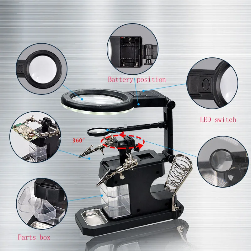 3rd Helping Hand Clip Clamp LED Magnifying Glass Soldering Iron Stand Magnifier Welding Rework Repair Holder Tools PCB Fixture