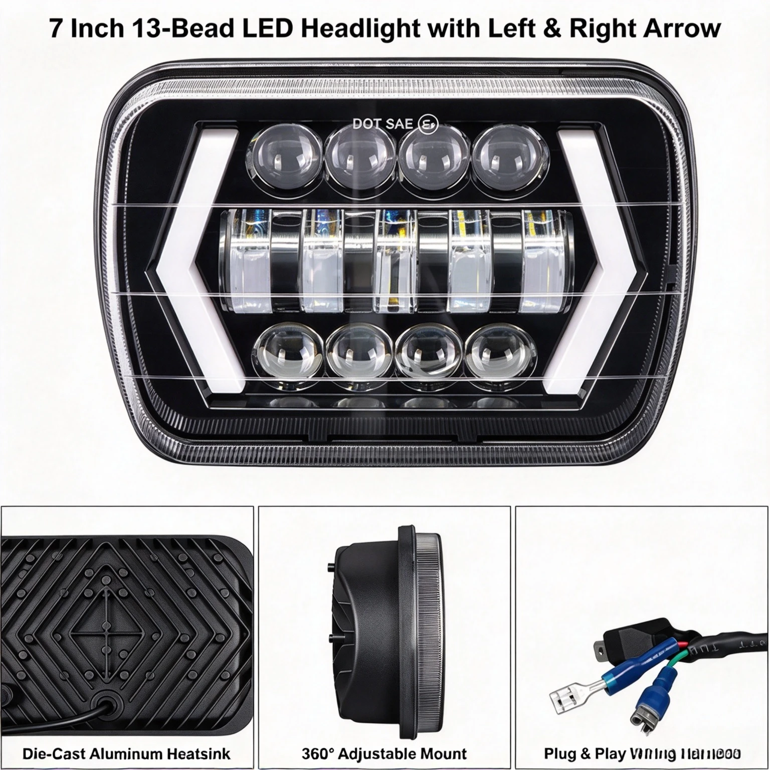 NXY 7 Inch LED Headlight for Jeep Wrangler White Yellow Dual Color Projector Lens H4 Hi Lo Beam Off Road 4x4 Front Headlight Kit