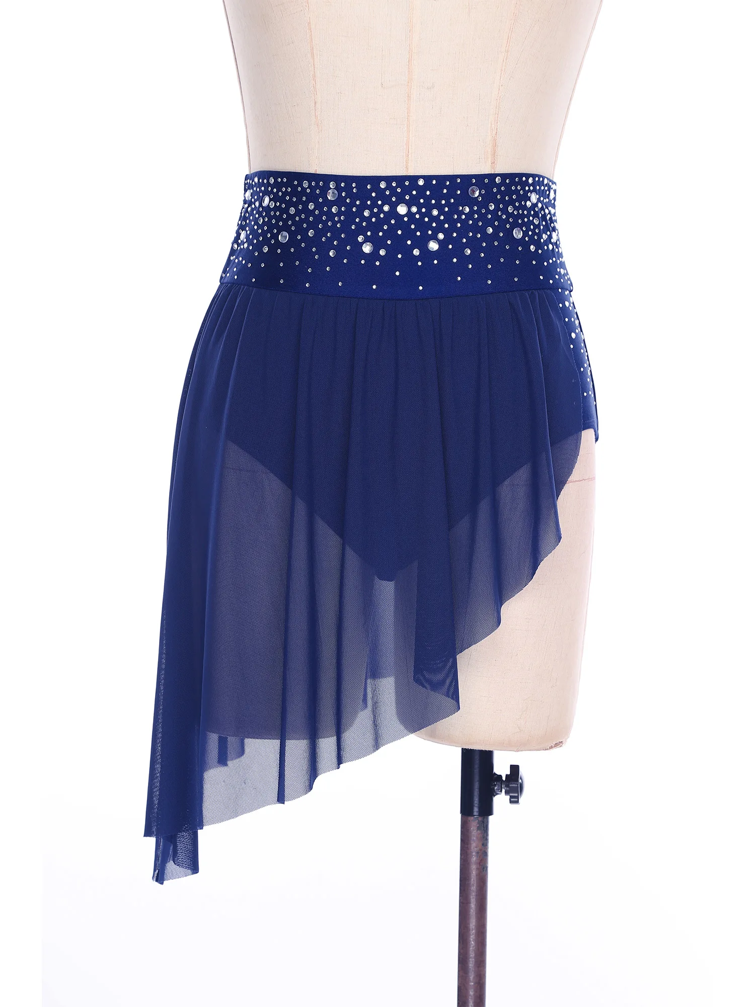 

Women Dance Skirts for Skating Rhythmic Modern Ballet Dancewear High Waist Rhinestones Irregular Hem Sheer Mesh Briefs Skirt