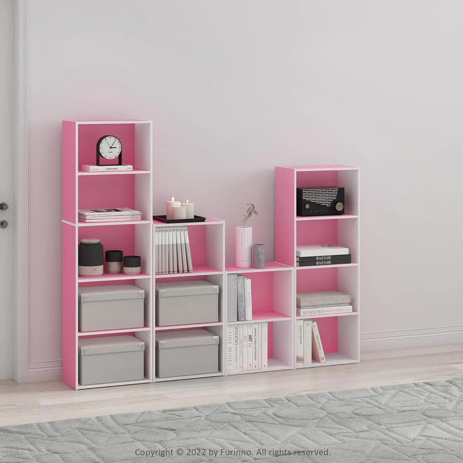 Furinno Luder Bookcase / Book / Storage, 4-Tier, Pink/White