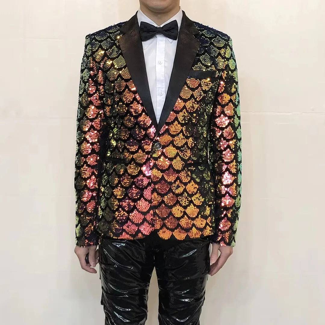 

Men's Fashion Slim Shiny Sequined Blazer Glitter Scale Suit Jacket Male Singer Concert Evening Party Host Tuxedo Stage Costume