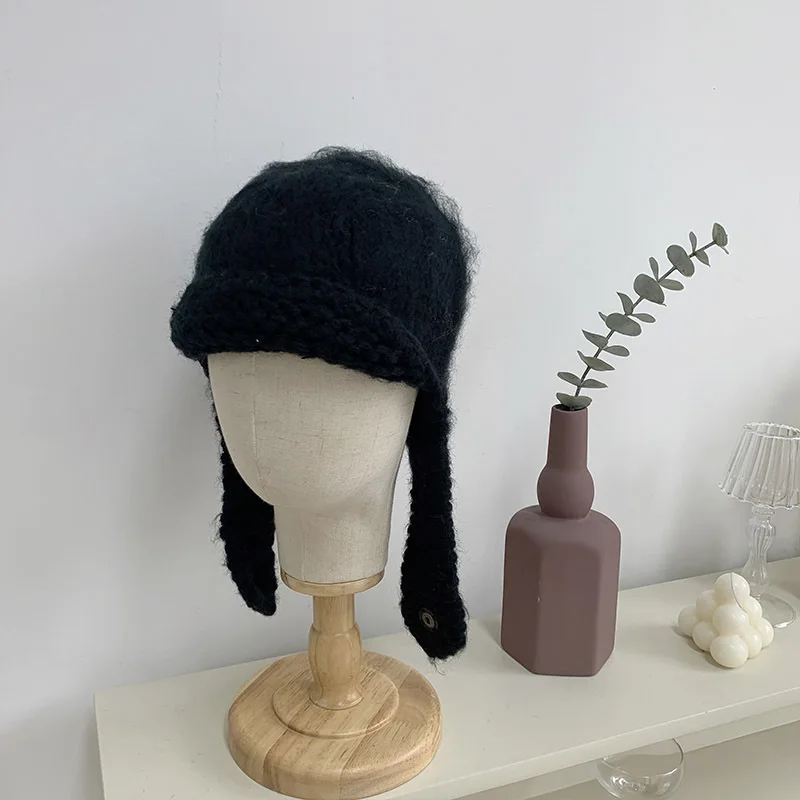 2023 New Sweet and Lovely Flying Hat Wool Knitted Hat Autumn and Winter Ear Protection Warm Lei Feng Winter