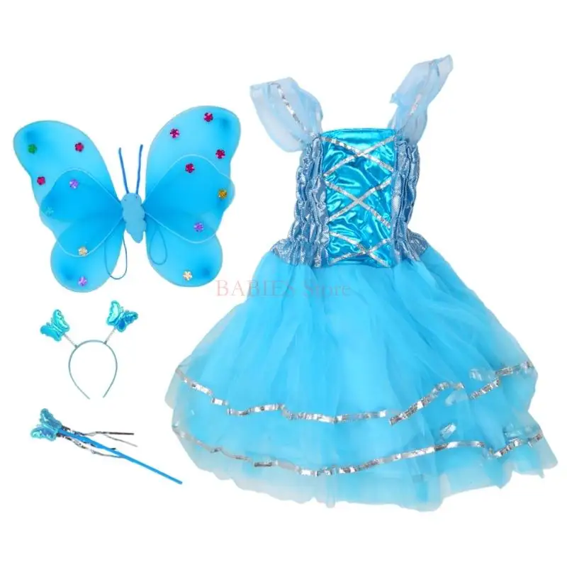 C9GB 4pcs Kids Girls Fairy Cosplay Costume Set Metallic Sleeveless Dress LED for Butterfly Angel Wing Wand Headband Fancy