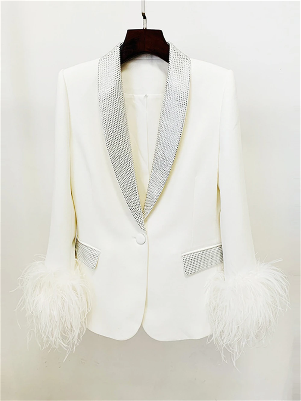 

Sequined Suits Blazer Pants Shawl Neck Wedding Party Outfit Performance Tuxedo Feathered 2pc Women's Suit Set