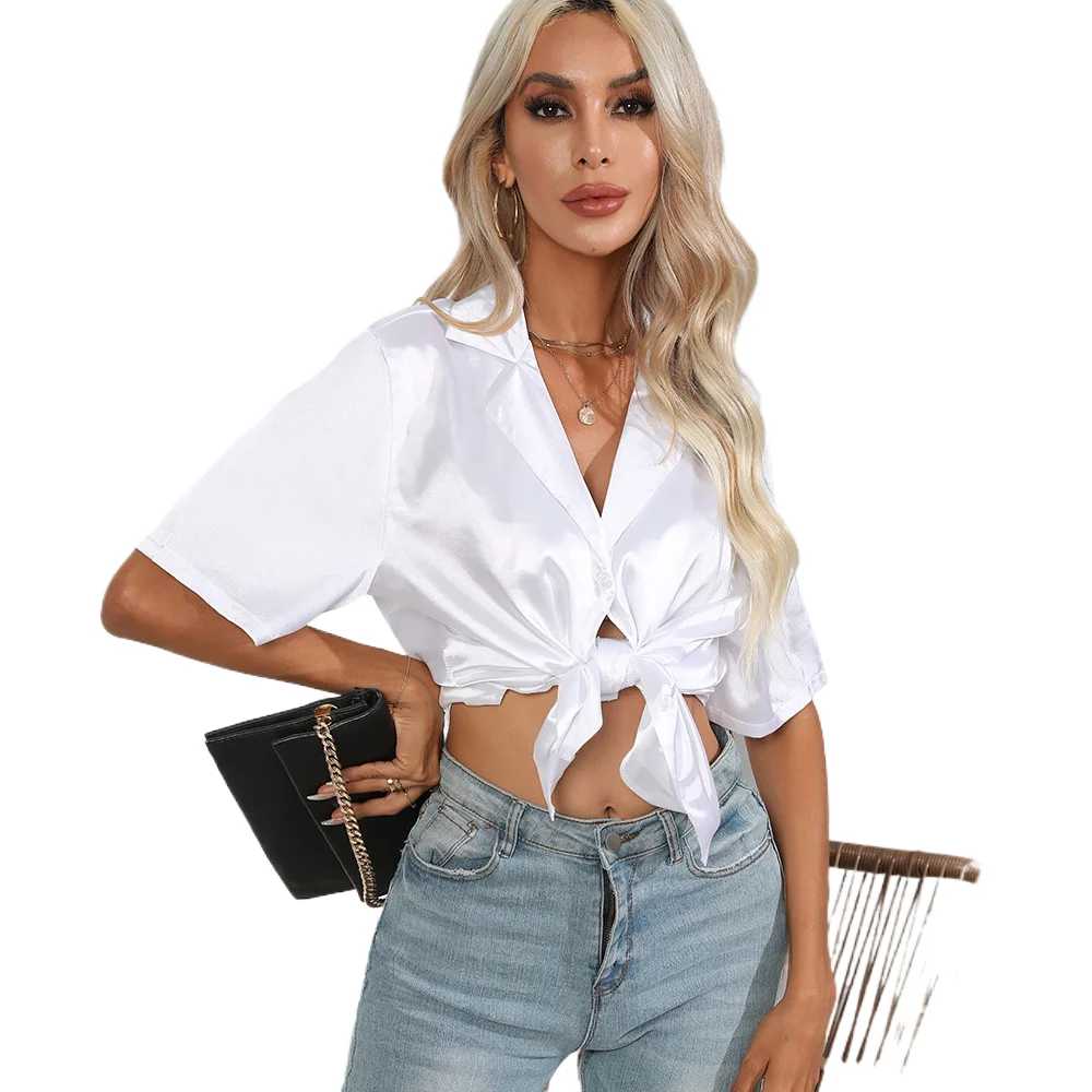 

Elegant Satin Shirt Women's Short Sleeved Blouse New Office Lady Loose Turn Down Collar Solid Color Single Breasted Shirts Tops
