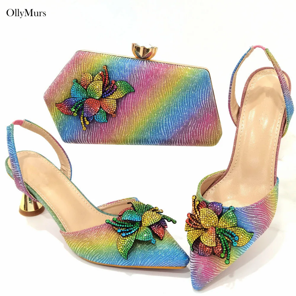 

Nigerian Design Elegant Woman High Heels Shoes And Bag Set New Arrival Rhinestone Shoes And Bag Set For Wedding Party