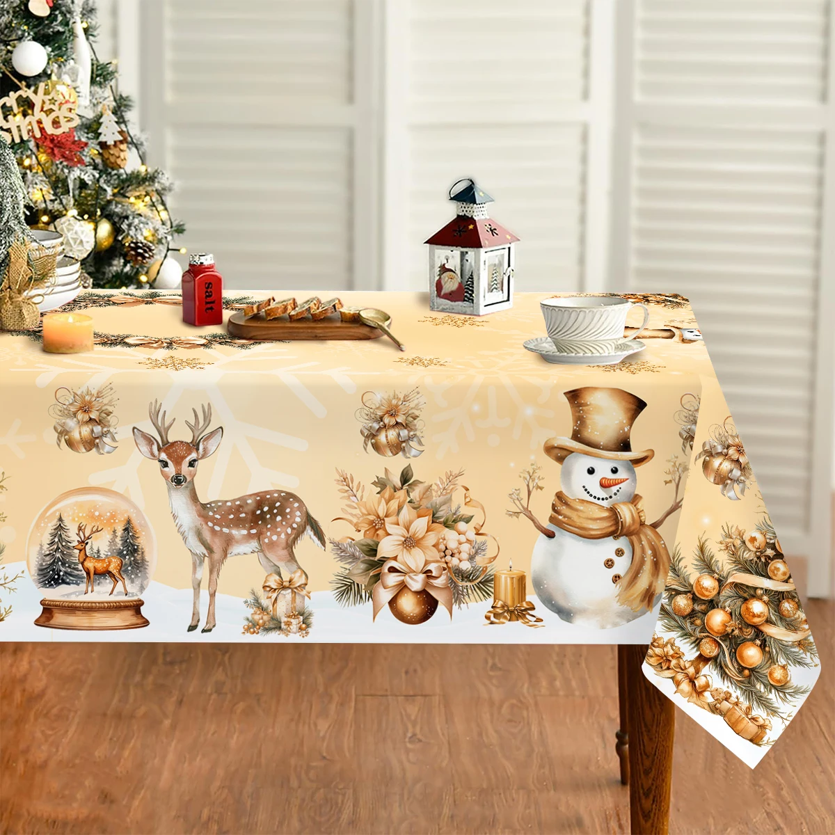 Vintage-Weihnachtstischdecke, Baumkranz, goldener Schneemann, Tischdecke, Weihnachtsdekoration für Zuhause, 2025, Geschenke, Navidad, Neujahr