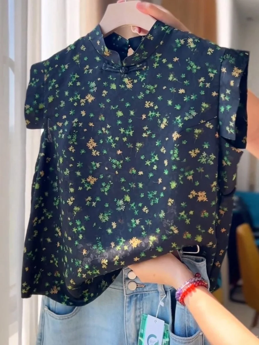 

Unique Retro Chinese Style Floral Print Loose Sleeveless Top with Stand Collar Long Sleeves Button Detail Summer New Arrival