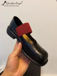 Vintage Sweet Women Spring Square Toe Strap Cow Genuine Leather Pumps Comfortable Block Med Heels Slip On Loafers Casual Shoes