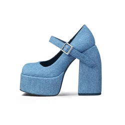 2023New Denim Cloth Women Pumps Platform Ankle Strap Mary Jeans 14cm Square High Heels Black Party Stilettos Sapatos Mujer