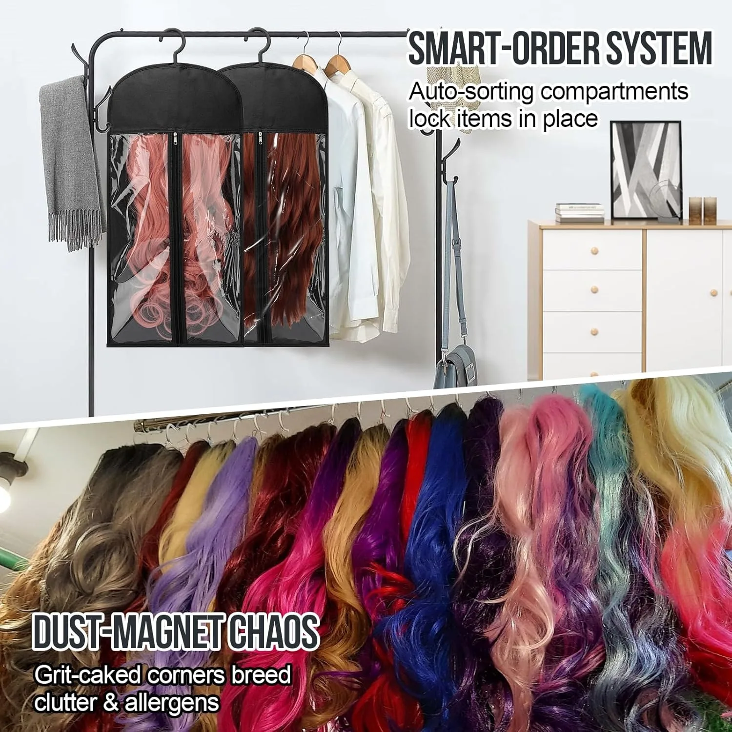 2PCS Wig Storage Bags with Hanger Hair Extension Holder Dust-proof Storage Organizer with Hook for Multiple Wigs Hair Extensions