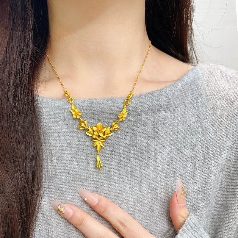 

Premium 14 K Gold Color Flower Necklace Chain for Women Bride Girl Fine Jewelry Pure Chain for Women Wedding Luxury Gifts