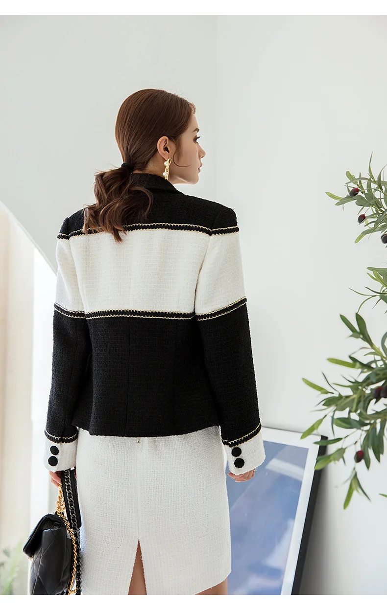 Spring Autumn Chic Elegant Women High Quality Black White Patchwork Tweed Jackets F033