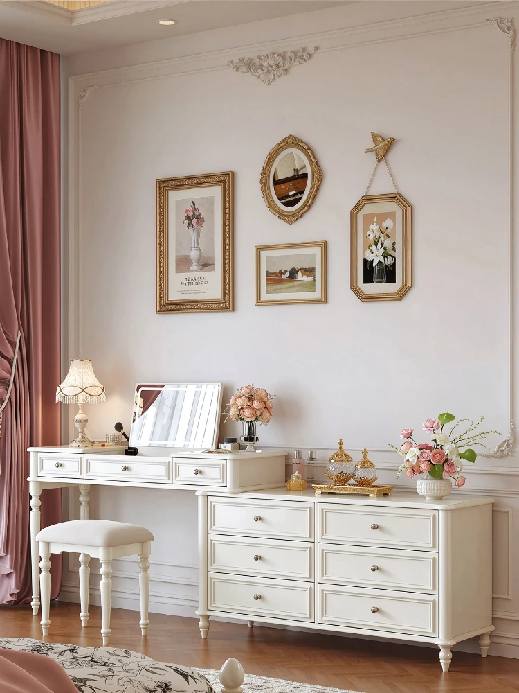 Household Furniture All Solid Wood Dressing Bedside Table With Stool Cream Wind For Easy Storage Bedroom Furniture Dresser