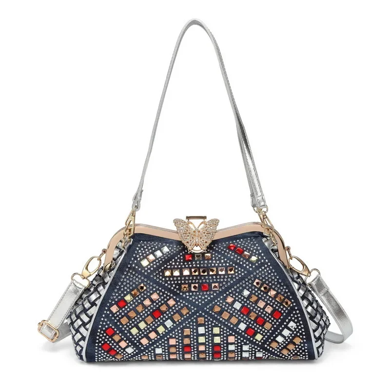 Yao Dong Designer New Women's Bag Denim Braided Rhinestone Bag One Shoulder Crossbody Butterfly Clip Luxury Bag