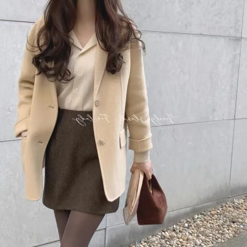 Fashionable versatile small fold collar wool knit cardigan women spring and Autumn Korean thin sweater loose short cashmere coat