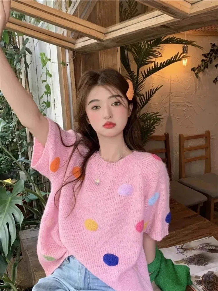 plus Size Women's Summer Loose Knitted Short Sleeve Polka Dot Top Slimming Meat Covering Casual Wear Polyester Fiber round Neck