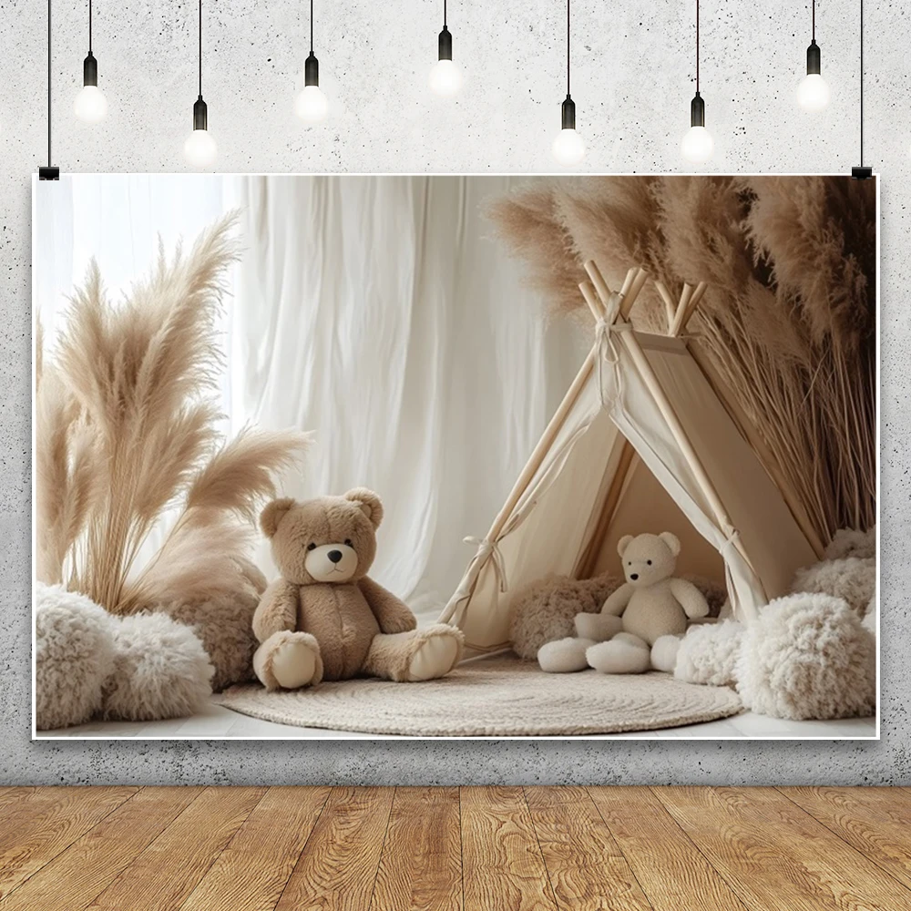 Boho Grey Balloons Arch Bear Background Photography Wooden Door Tent Newborn Cake Smash Kids Birthday Party Decor Photo Backdrop