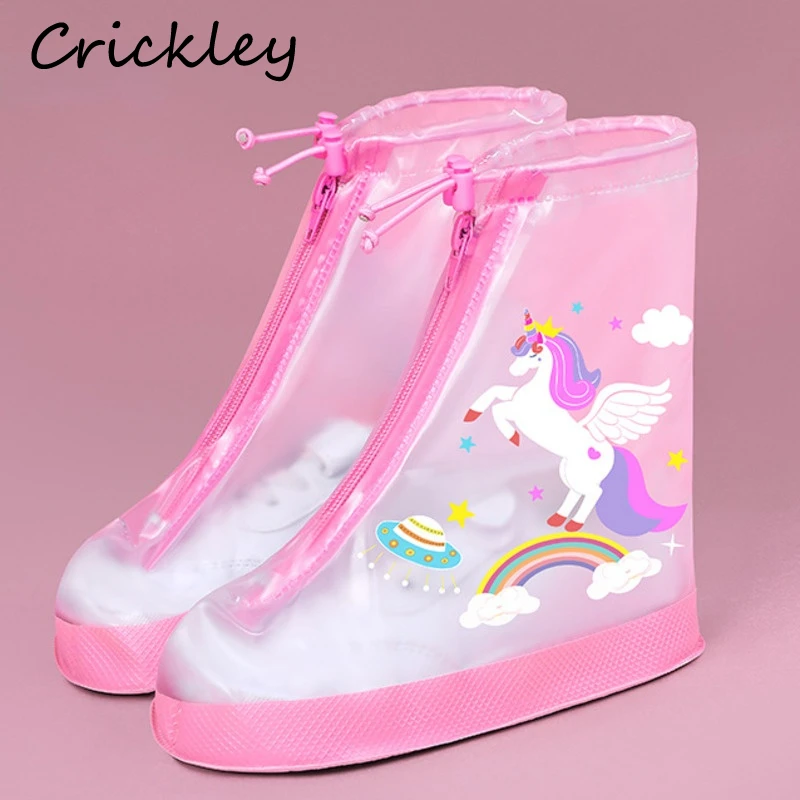 Cartoon Girls Boys Rain Boots Cover Unicorn Dinosaur Zip Children Rain Shoes Waterproof Transparent Non Slip Kids Rainboots