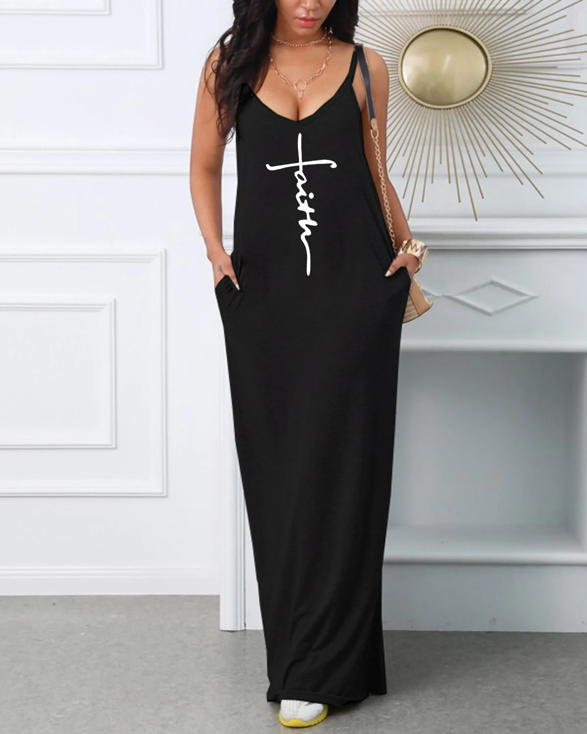 Zomer dames geloof print losse grote V-hals sexy bandjurk comfortabel ademend casual mode T-shirt buiten straat