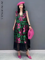 SHENGPALAE Fashion V-neck Sleeveless Tank Dress 2024 Autumn Vintage Elegant Print Flower Trendy Loose Women Vestido Robe 5R2189