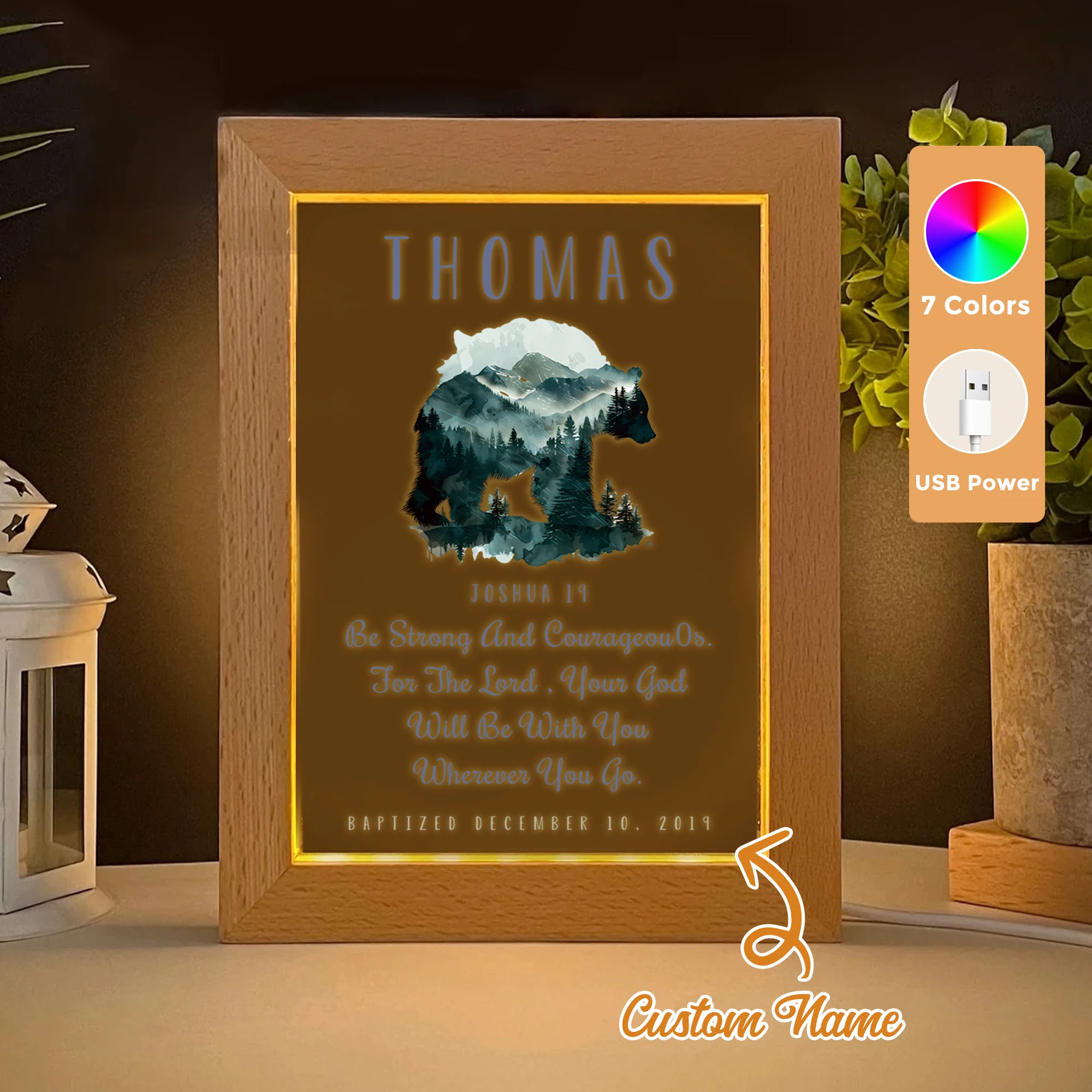 

2D Flat Custom Name Christian Sacrament Baptism LED Acrylic Night Light Wood Photo Frame 21x17cm Family Bedroom Gifts Home Decor