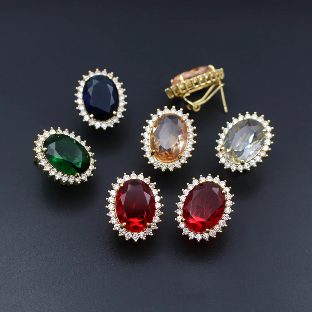 

6pair Quality Colors Red Blue CZ Zircon Oval Earrings Post Silver Gold Plated Copper Studs For DIY Women Handmade Earrings