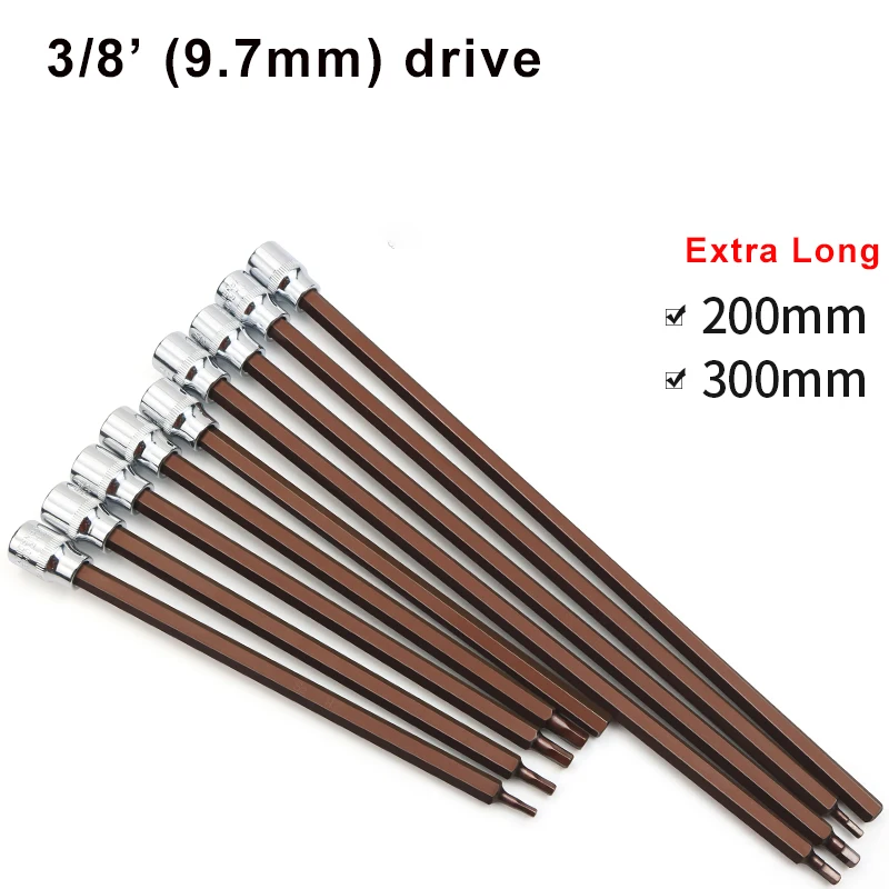 1pcs Extra Long 200/300mm 3/8 inch Square Drive Socket Adapter Hex Head Screwdriver Bit Wrench Hand Tools Hexagon H3 H4 H5 H6 H8