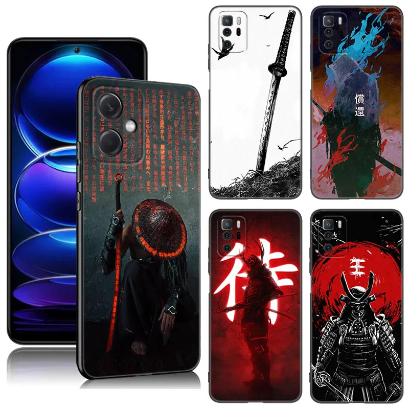 Samurai Japan Art Phone Case For Xiaomi Redmi Note 10 11 11S 12 4G 8 9 11E 11T Pro + 10T 5G 8T 9S 10S 12S Black Silicone Cover