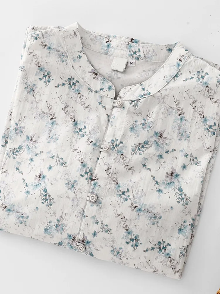 بلوزة نسائية صيفية فضفاضة بياقة عالية مطبوعة بالزهور من القطن الخالص بتصميم فني للمقاسات الكبيرة والمقاسات الخاصة