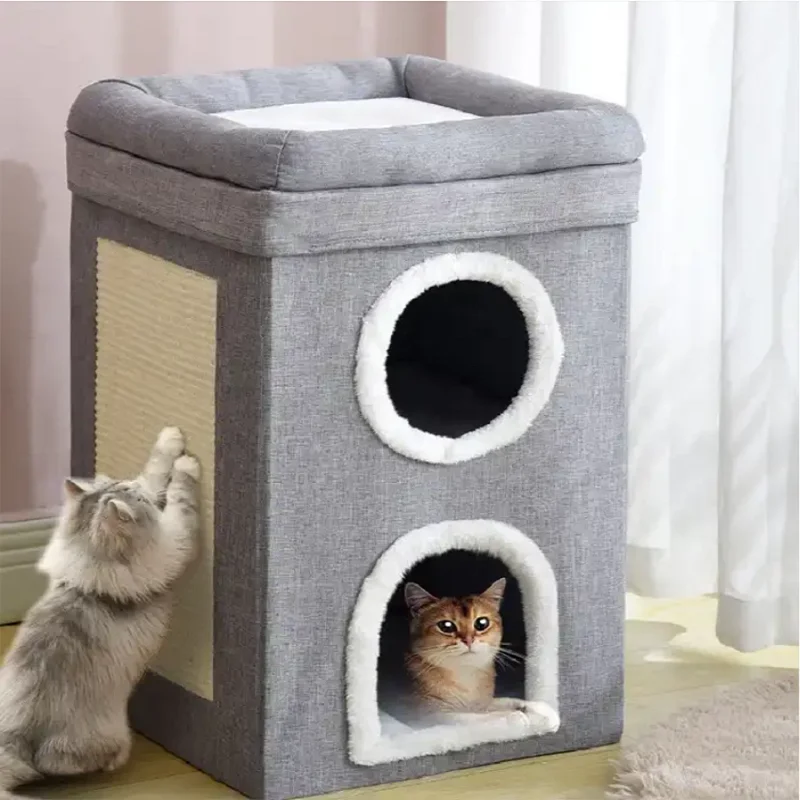 

3Floors Luxurious Cat House Indoor Puppy House Covered Cat Villa with Scratch Pad Comfortable Folding All-season Pet Nest