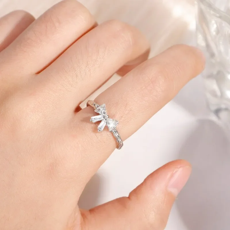 Bow Knot Open Rings Women Girls Sweet Classic Zircon Silver Color Rings Daily Shopping Dating Rings Fashion Jewelry Accessories