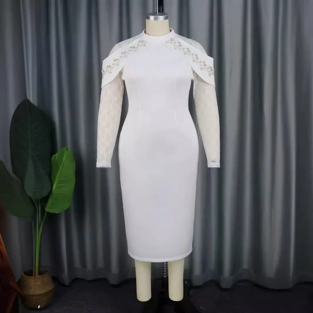 

S-4XL Dashiki African Dresses for Women White Autumn Elegant Africa Long Sleeve Party Evening Bodycon Midi Dress Africa Clothing
