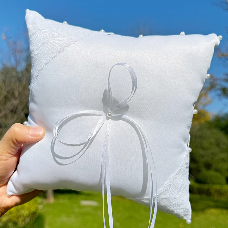 1pc Pearl Edge Wedding Ring Pillow 7.87in(20cm) Bowknot Wedding Supply Ring Bearer Pillow Ring Gasket Satin Flower Girl