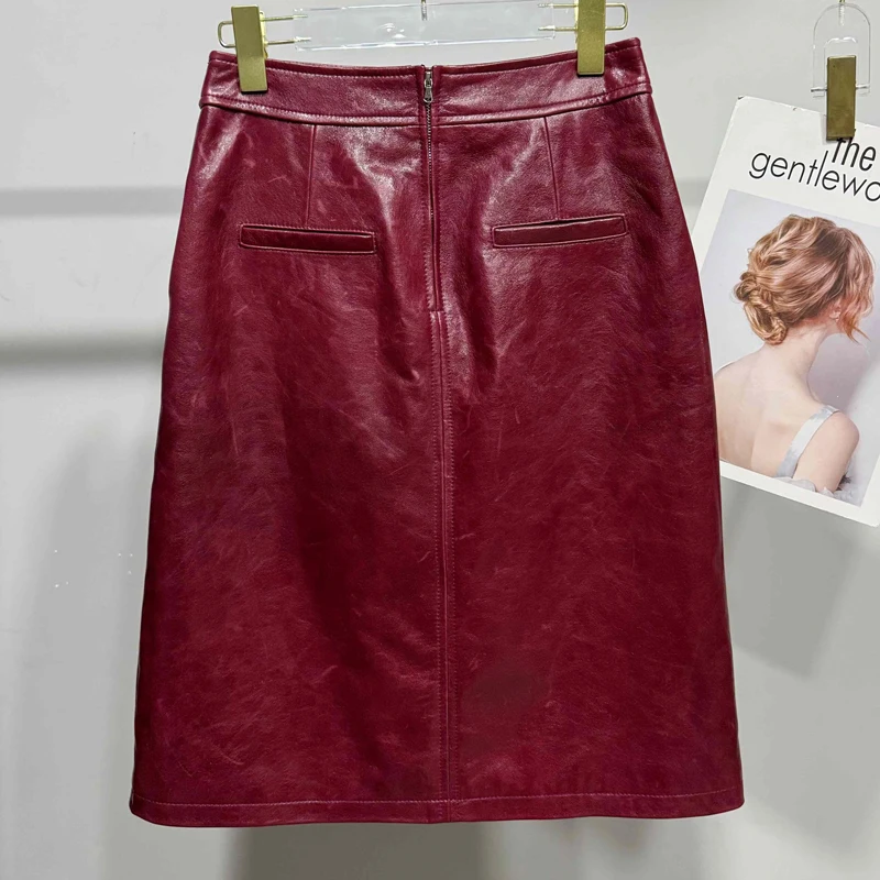 Saia de couro com fenda de cera de óleo para mulheres high street camada superior de pele de carneiro frente dividida envoltório jupe femme vermelho preto lápis midi saia