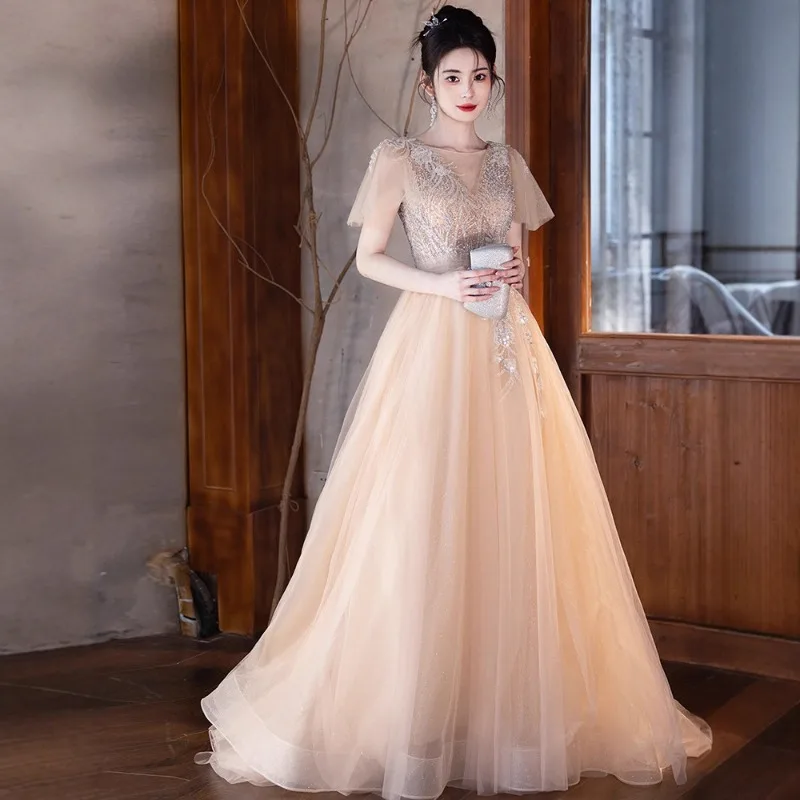 

Champagne Colored Evening Gown, Fashionable and Stylish, Slim Fit2026new Vocal Art Exam, Student Banquet Host Gown, Custom Dress
