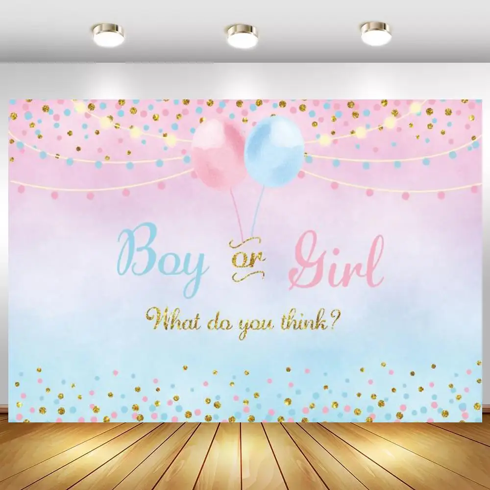 

Boy Or Girl Gender Reveal Party Backdrops Glitter Pink Blue Balloons Customize Name Photo Backgrounds Poster