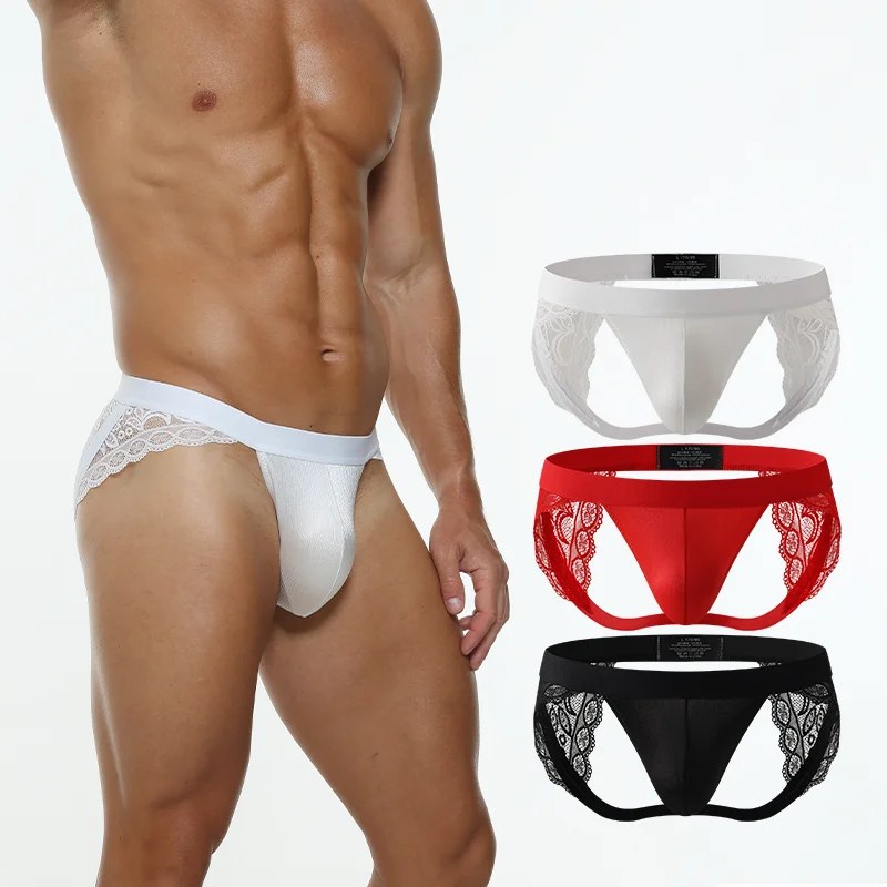 Men's Low Waist Lace Thongs Underwear Transparent Breathable G-string Sexy Briefs Comfortable Mens Underpants Adults 18+