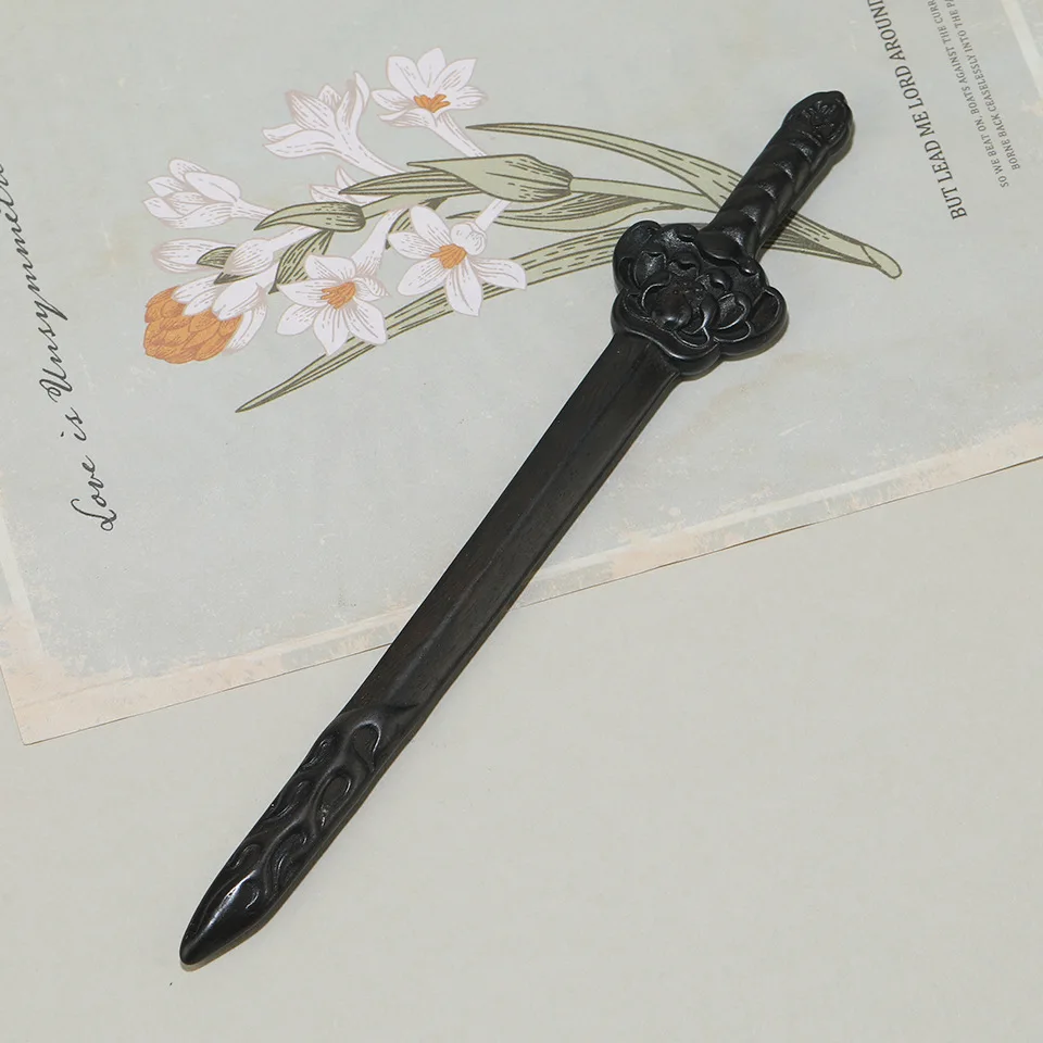 

Sword Shaped Hair Stick Handcrafted Black Sandalwood Hairpin Forks Chinese Hanfu Hair Clasp Vintage Cheongsam Hair Bun Jewelry