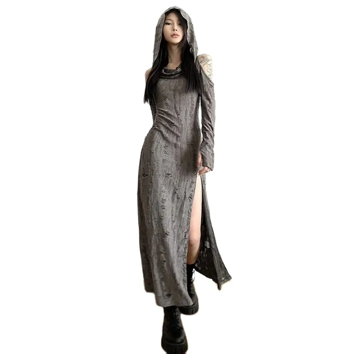 

Summer-Fall Dune Wasteland Style Vintage Hollow Out High-Slit Hooded Slim Fit Off-Shoulder Fashion Club Cosplay Maxi Dress