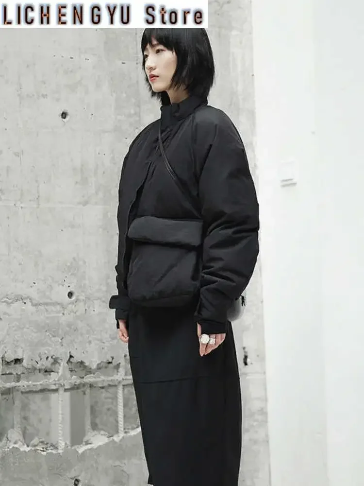 New Spring Stand Collar Black Single Pocket Stitch Large Size Warm Cotton-padded Coat Women Jacket Fashion