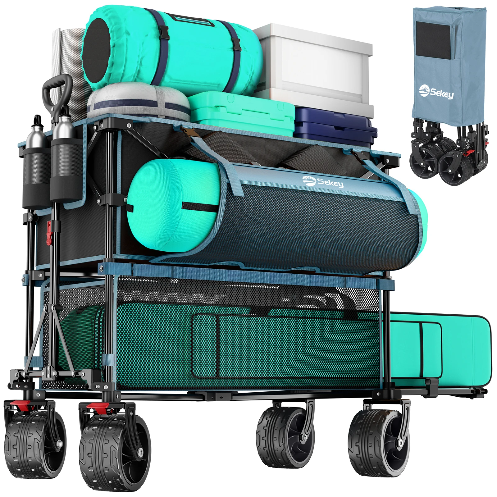 

400L Double Decker Folding Wagon, 48" Extra Long Heavy Duty Cart with Big All-Terrain Wheels, 500lbs Capacity with Brakes